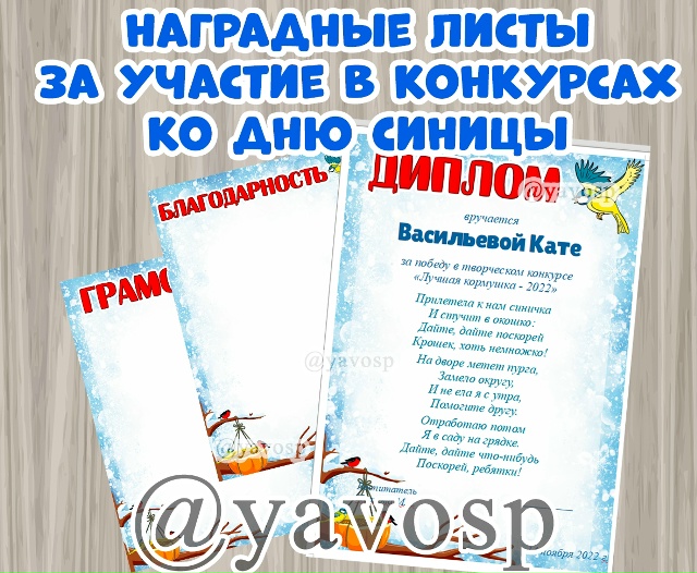 Диплом, грамота и благодарность за участие в мероприятиях к Синичкиному дню и другим зимним мероприятиям.