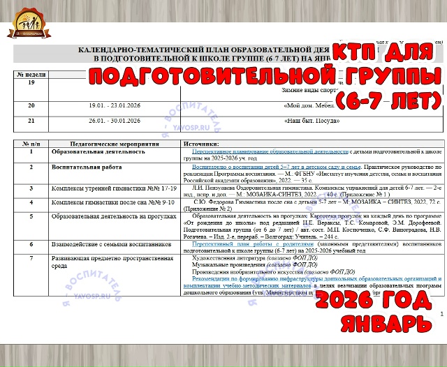КАЛЕНДАРНО-ТЕМАТИЧЕСКИЙ ПЛАН ОБРАЗОВАТЕЛЬНОЙ ДЕЯТЕЛЬНОСТИ В ПОДГОТОВИТЕЛЬНОЙ К ШКОЛЕ ГРУППЕ (6-7 ЛЕТ...