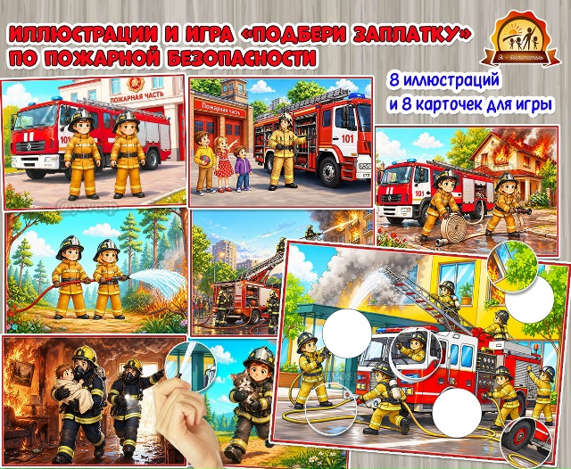 Иллюстрации для обсуждения и игра «Подбери заплатку» по пожарной безопасности