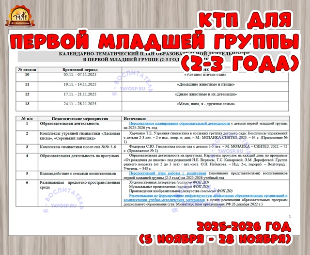 КАЛЕНДАРНО-ТЕМАТИЧЕСКИЙ ПЛАН ОБРАЗОВАТЕЛЬНОЙ ДЕЯТЕЛЬНОСТИ первой младшей группы (2-3 года)